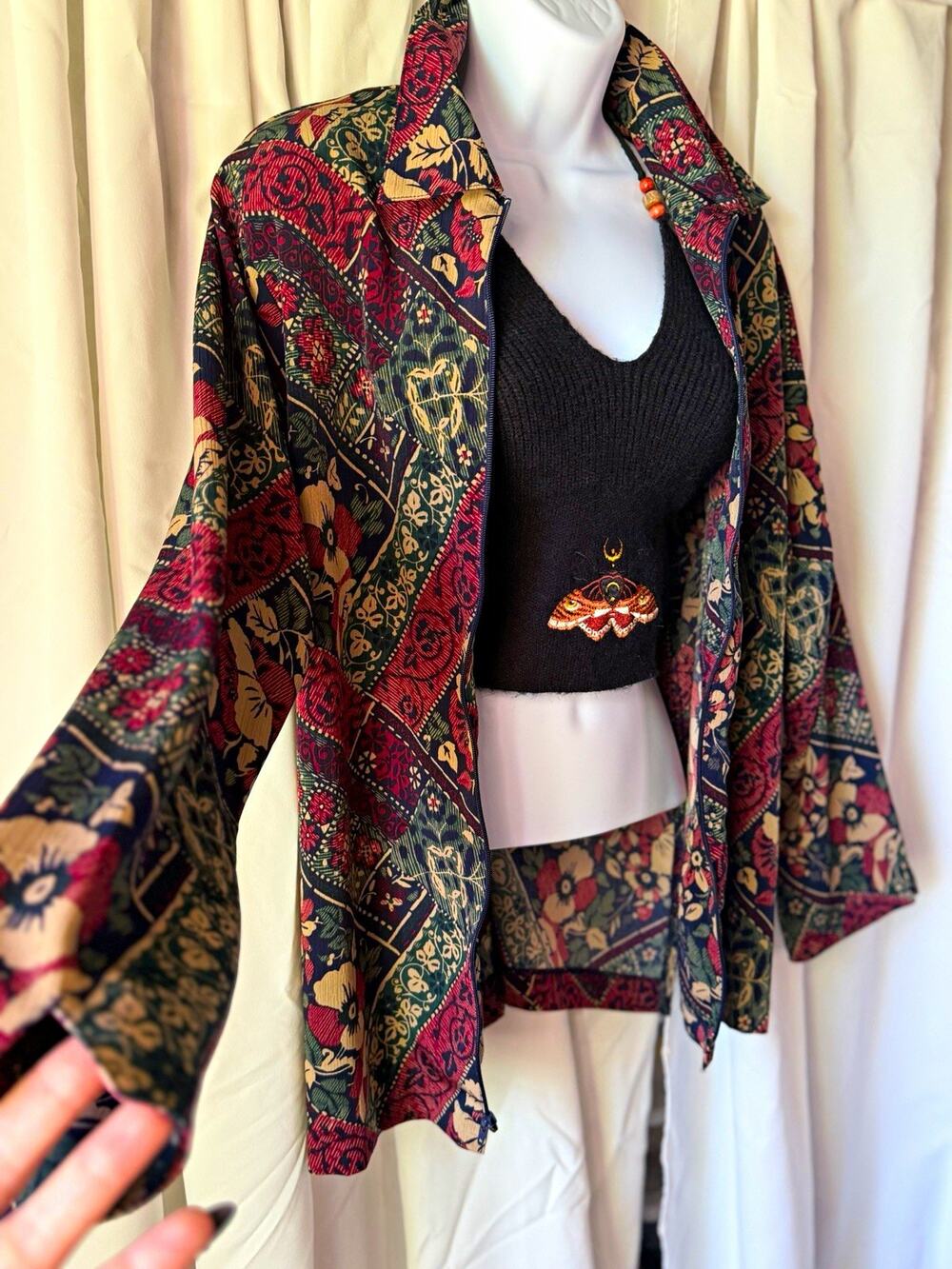 Vintage Artsy Patchwork Floral Zip Jacket Medium Oversized Tapestry Shacket